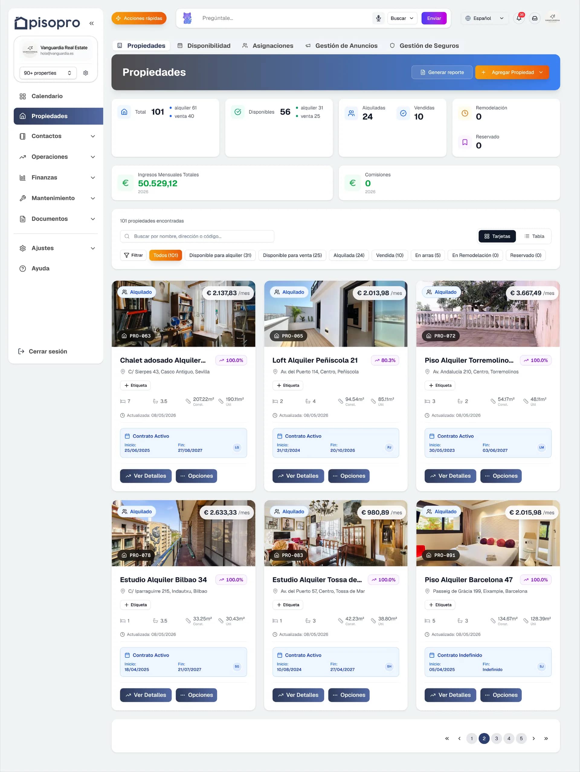 Captura de pisopro: propiedades y cartera, software de gestión inmobiliaria