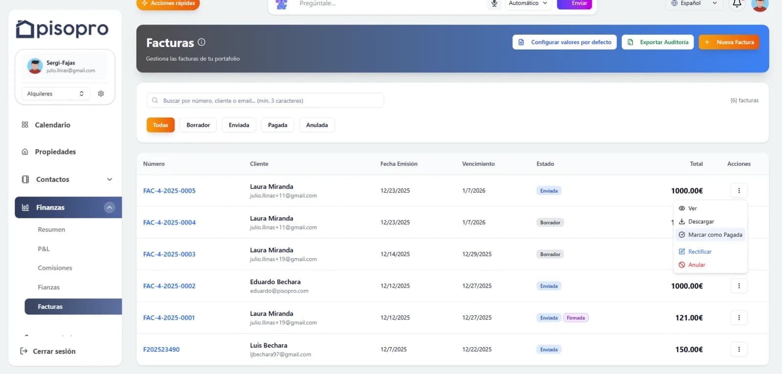 Captura de pisopro: facturas y cobros de alquiler — software de gestión inmobiliaria