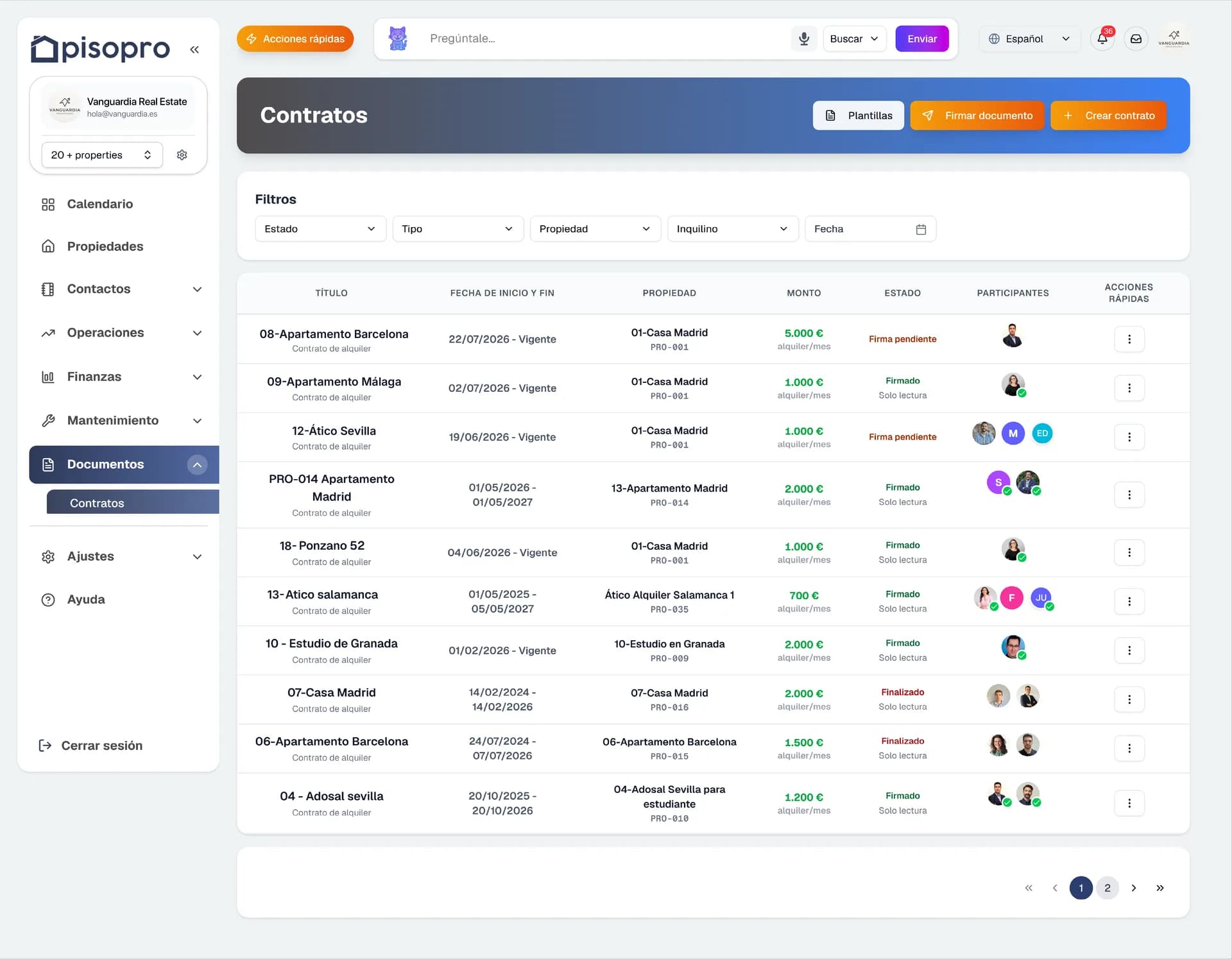 Captura de pisopro: documentos por operación, CRM inmobiliario
