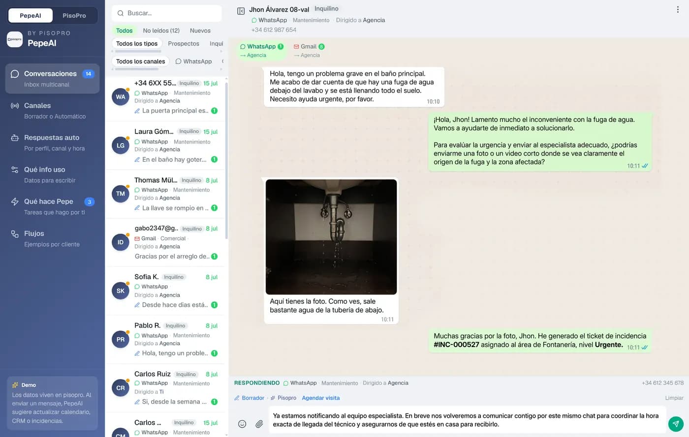 Captura de pisopro: Pepe Mantenimiento gestiona una incidencia