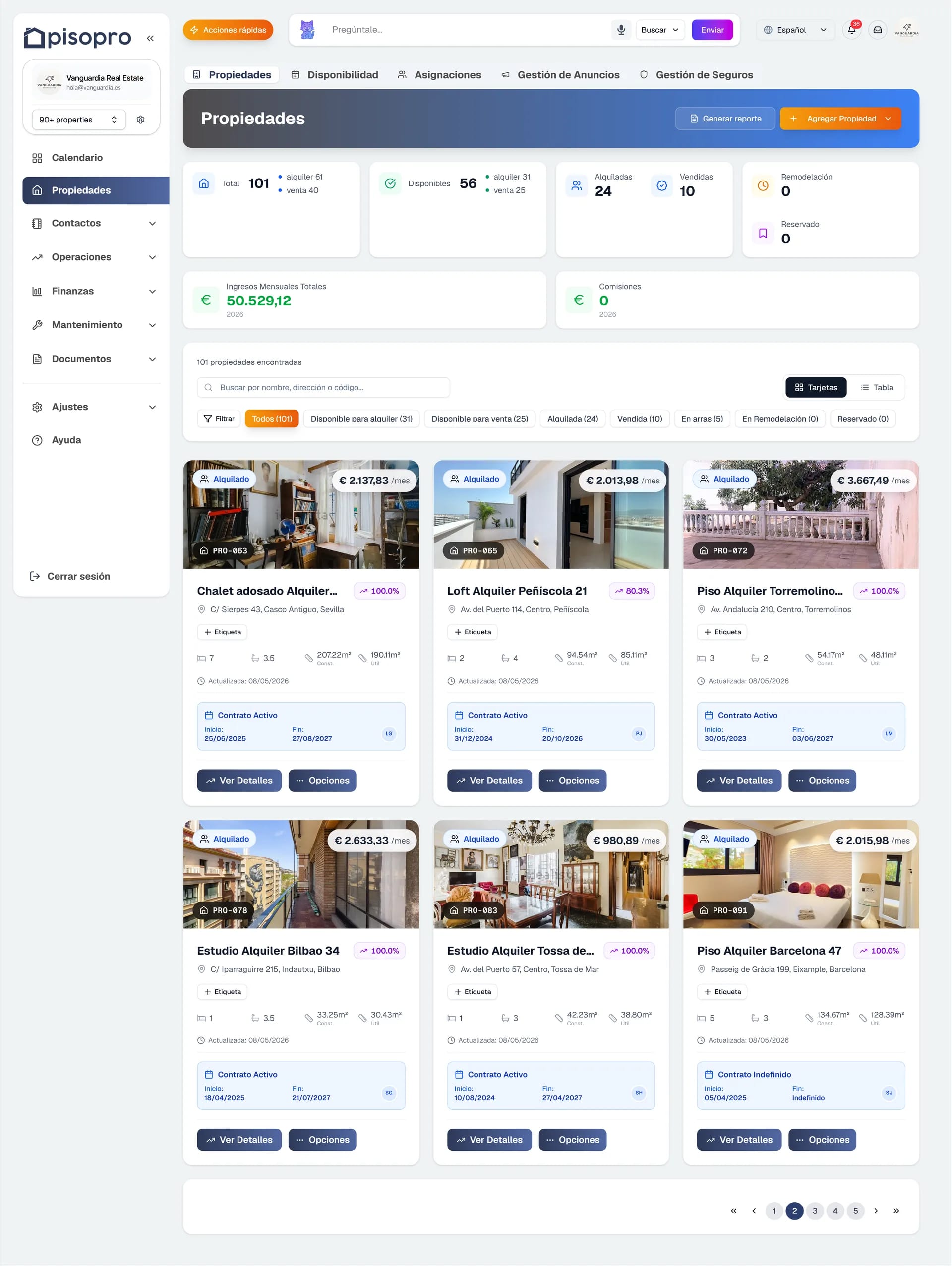 Captura de pisopro: propiedades y cartera, software de gestión inmobiliaria