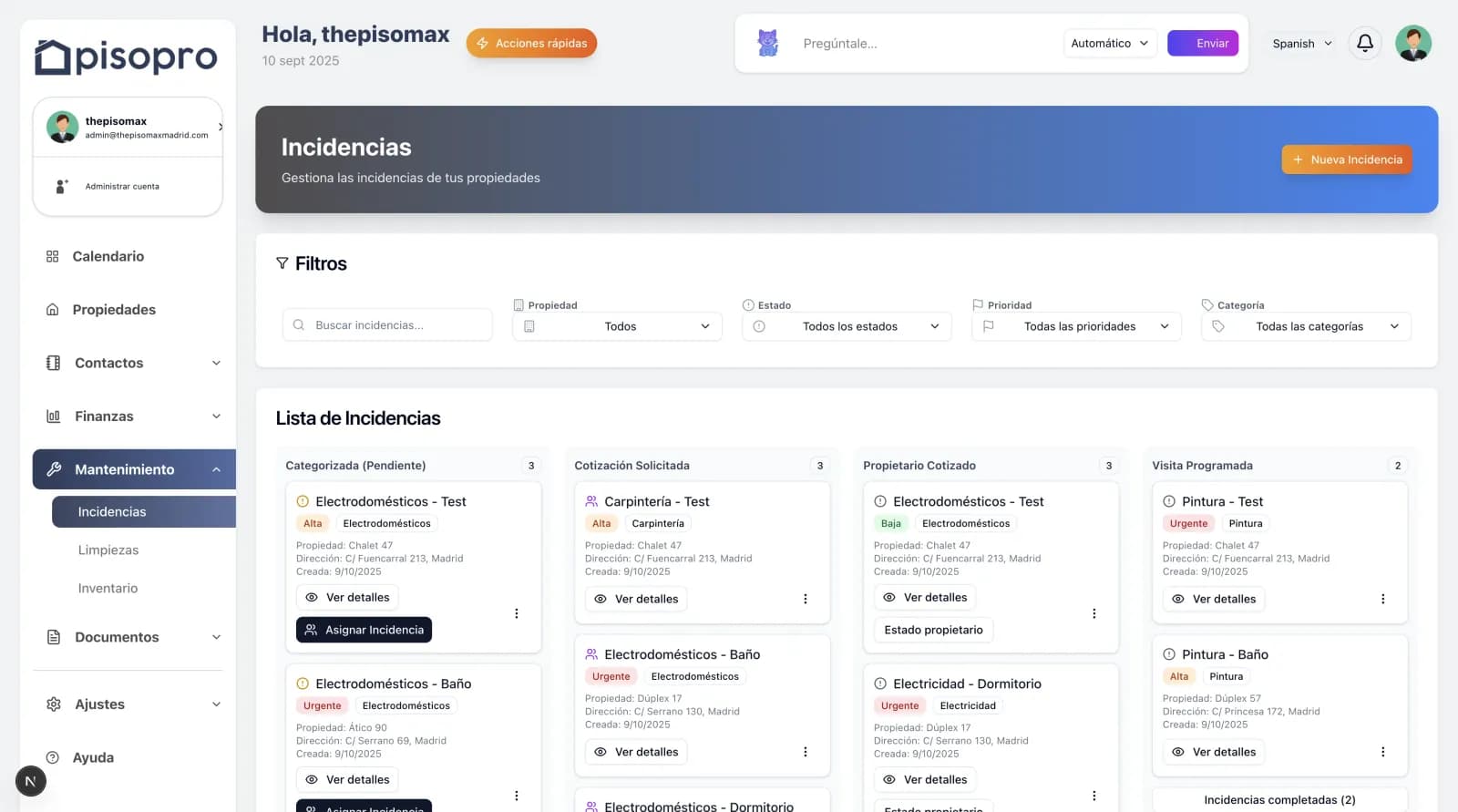 Captura de pisopro: tablero de incidencias y mantenimiento — software de gestión inmobiliaria
